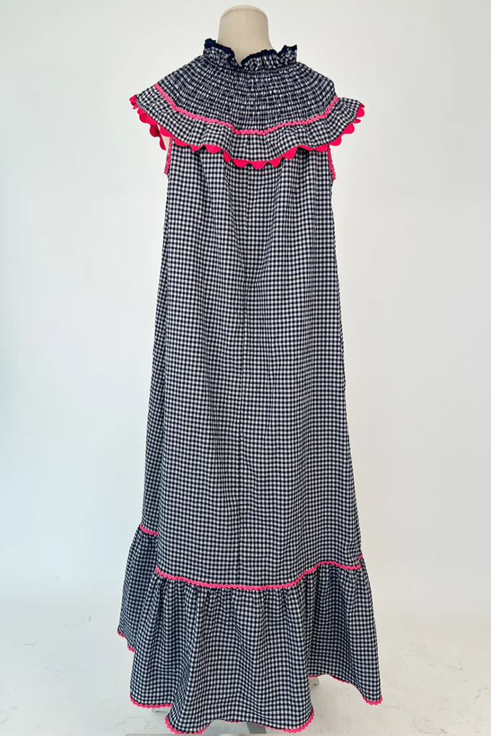 Black White Gingham Ruffled Neck Sleeveless Maxi Dress