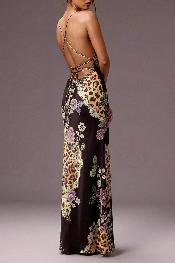 Leopard Floral Patchwork Spaghetti Strap Mermaid Maxi Dress