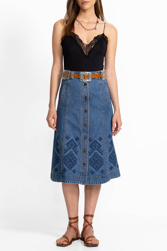Button Front Panel Denim Midi Skirt