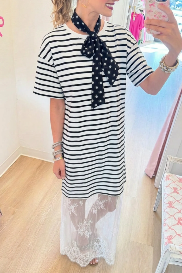 Casual Striped Lace Panel Dress