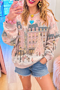 Pink Christmas Town Print Crewneck Sweatshirt