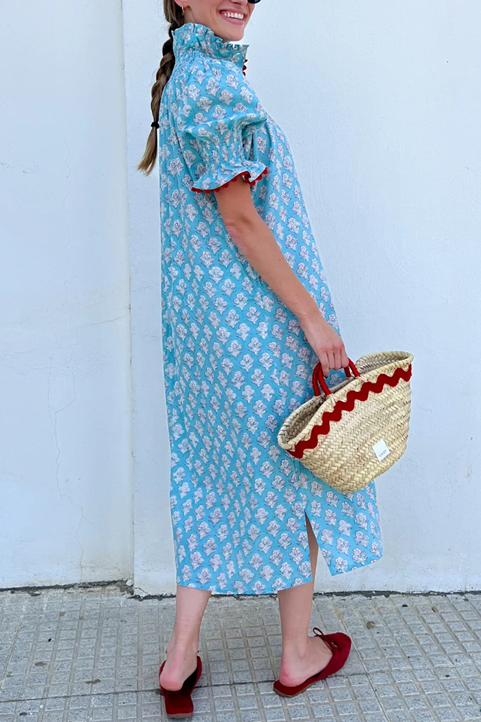 Turquoise Puff Short Sleeve Smocked Ruffle Neck Floral Dress