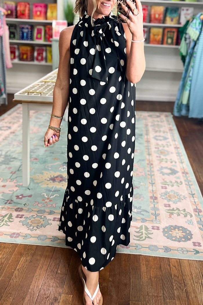 Tie Neck Polka Dot Ruffle Maxi Dress