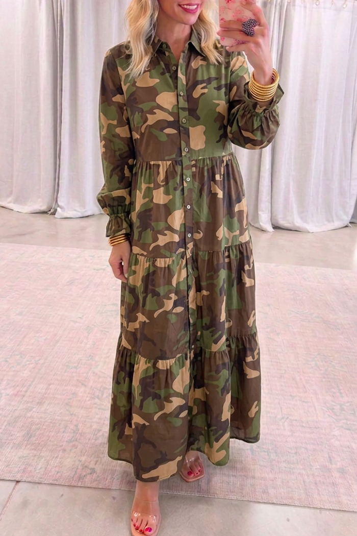 Casual Camo Shirt Maxi Dress