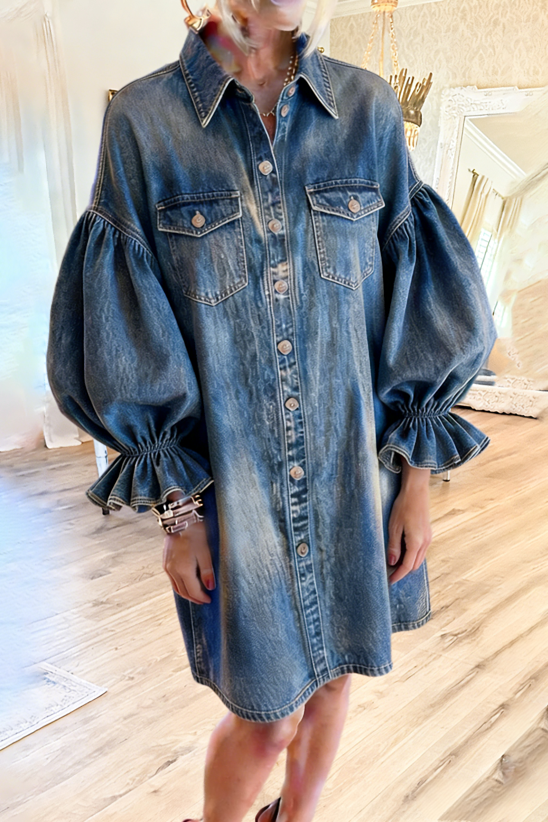 Long Puff Sleeves Chest Pockets Denim Dress