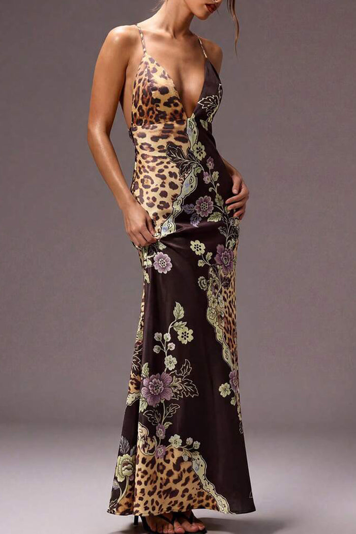 Leopard Floral Patchwork Spaghetti Strap Mermaid Maxi Dress