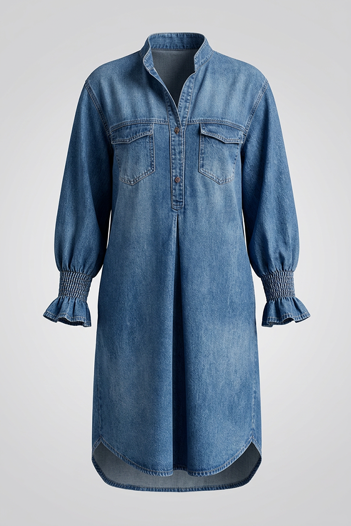 Flap Pocket Smocked Cuff Denim Dress
