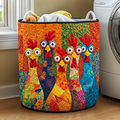 Colorful Patchwork Rooster Quilted Laundry Basket