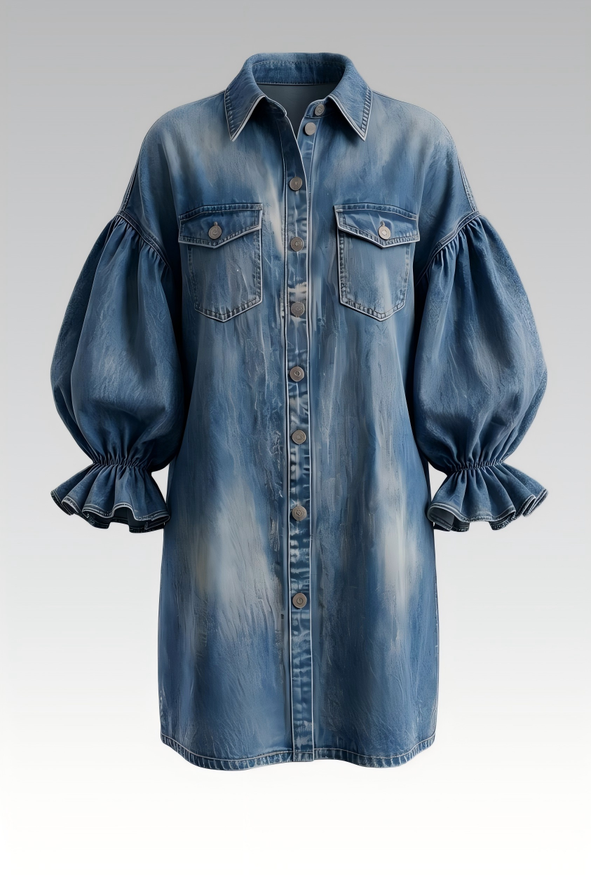 Long Puff Sleeves Chest Pockets Denim Dress