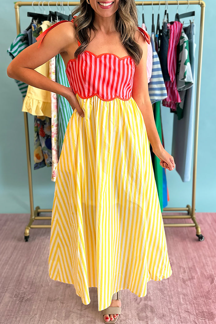 Adjustable Tie Strap Contrast Stripe Scalloped Midi Dress