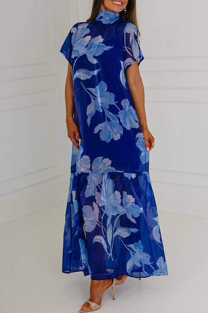 Navy Blue Floral Mock Neck Tiered Maxi Dress