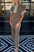 Brown Half Zip Neck Contrast Stripe Floral Set