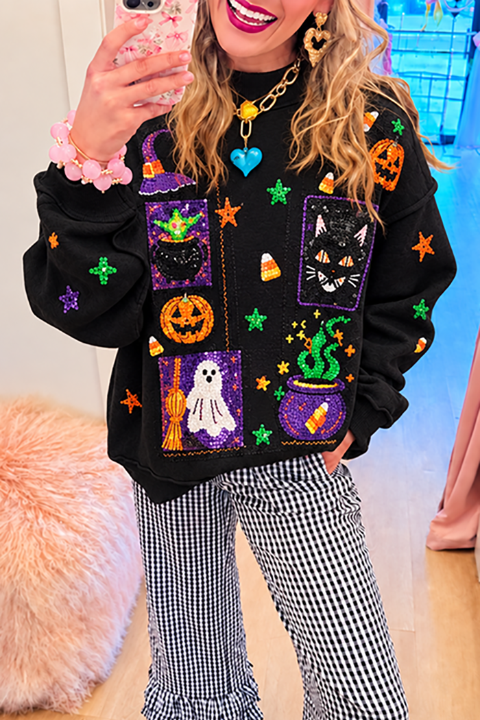 Black Multi Motif Halloween Sequin Sweatshirt