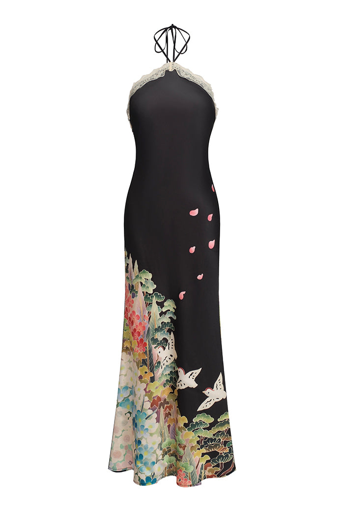 Black Lace Trim Halter Floral Bird Dress