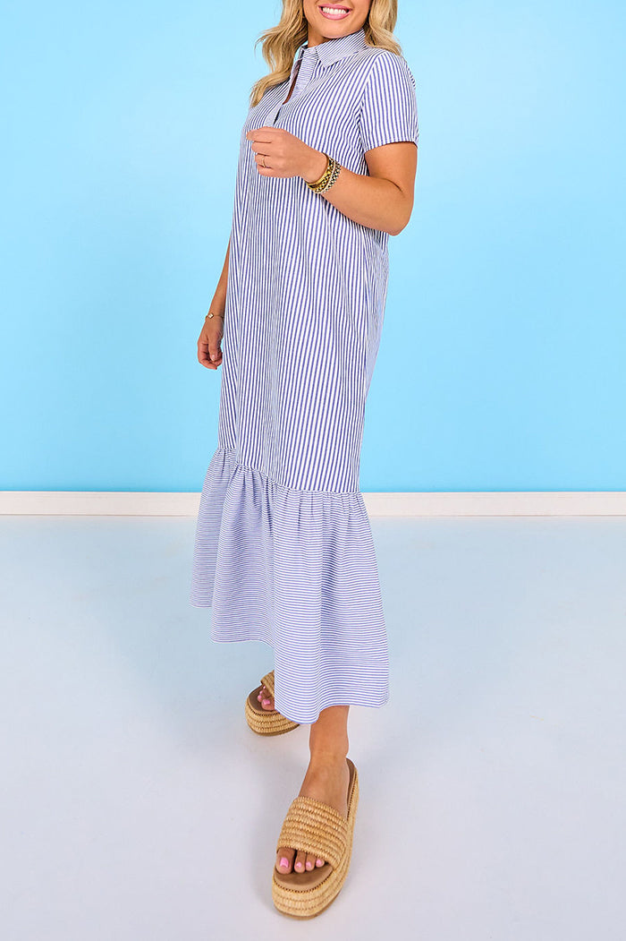 Mixed Stripe Collared Short Sleeve Tiered Maxi Dress