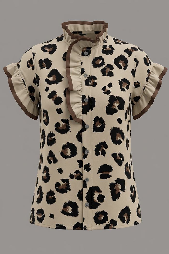 Leopard Ruffle Neck Button Top