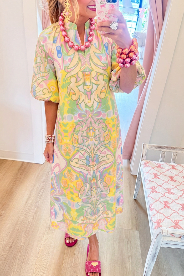 Casual Retro Print Puff Sleeve Dress