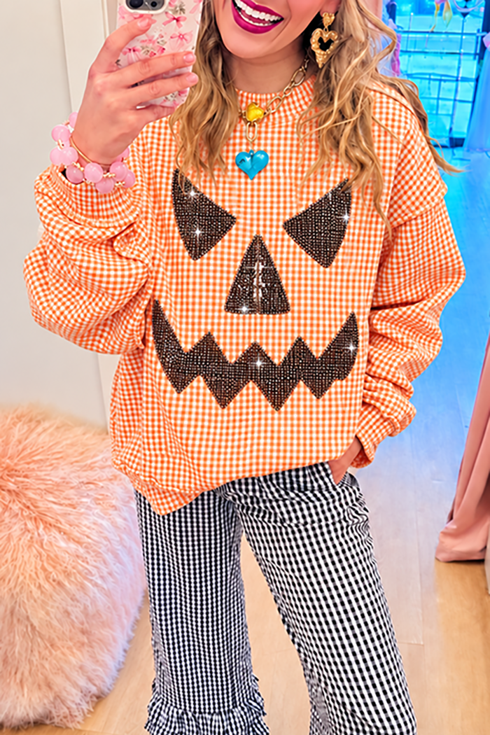 Gingham Rhinestone Pumpkin Crewneck Sweatshirt