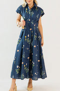 Navy Floral Pleated Pocket Dress