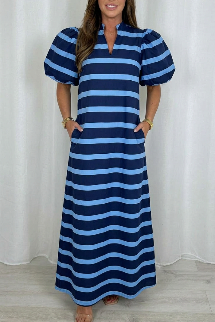 V-Neck Striped Puff Slleeve Maxi Dress