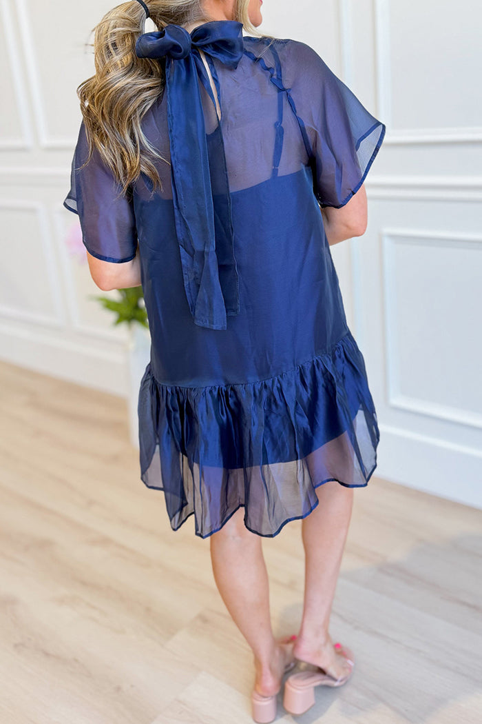 Flutter Sleeve Mock Neck Dress