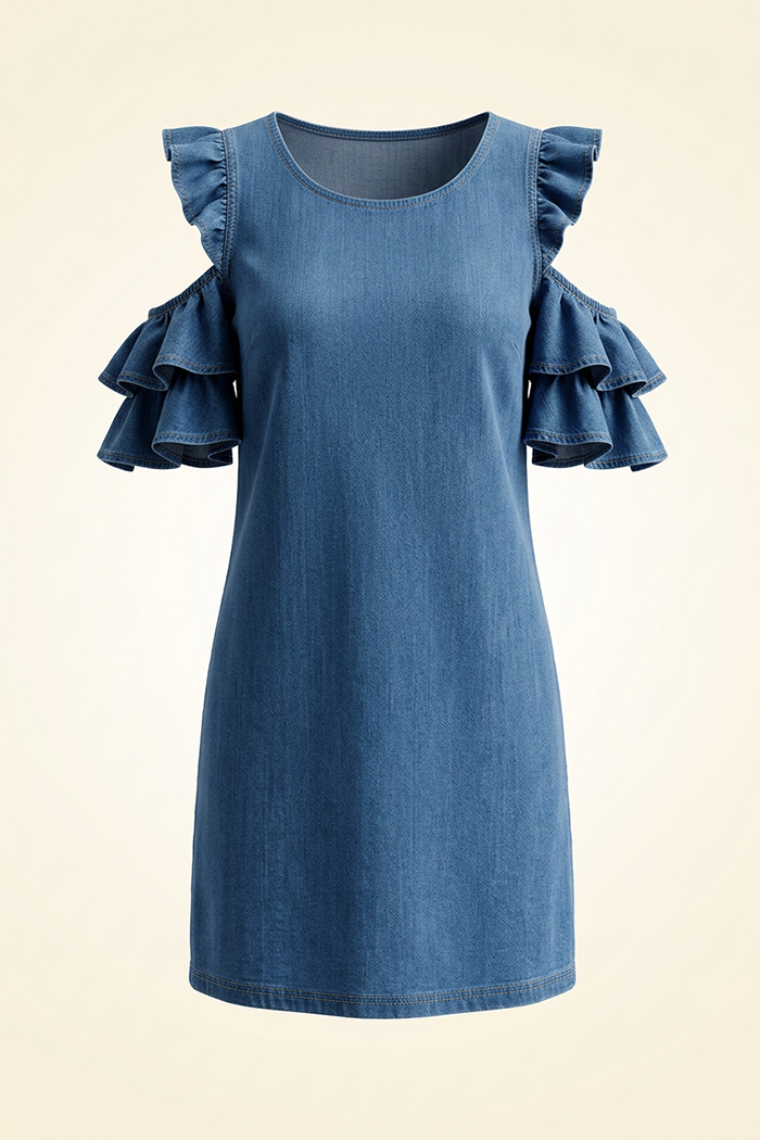Cold Shoulder Ruffle Sleeve Denim Dress