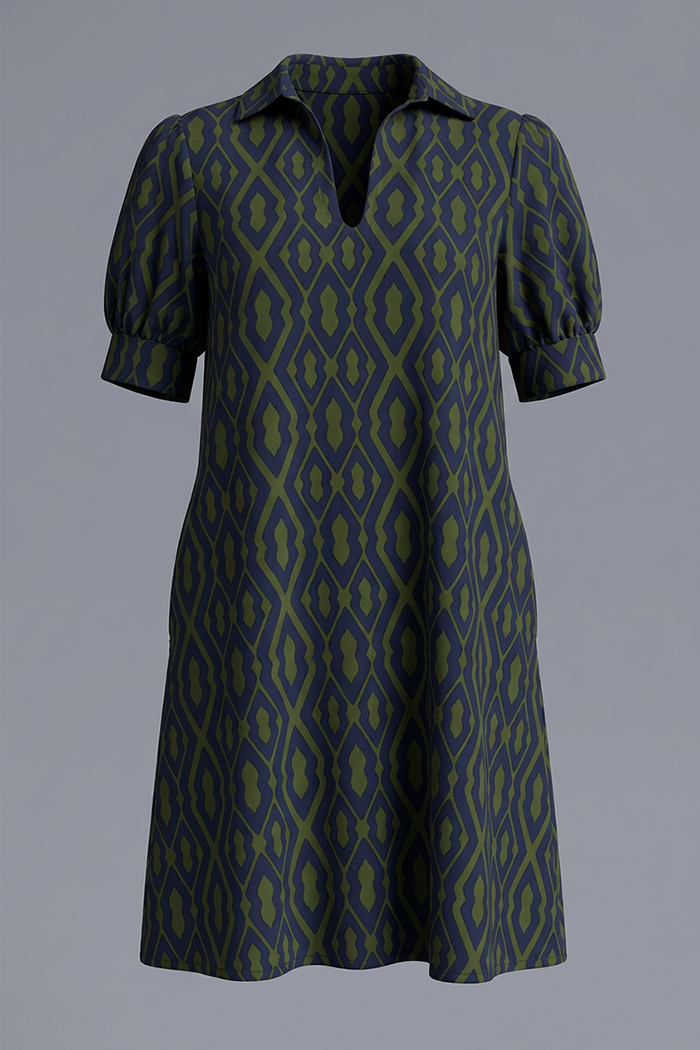 V-Neck Trellis Navy Pockets Dress