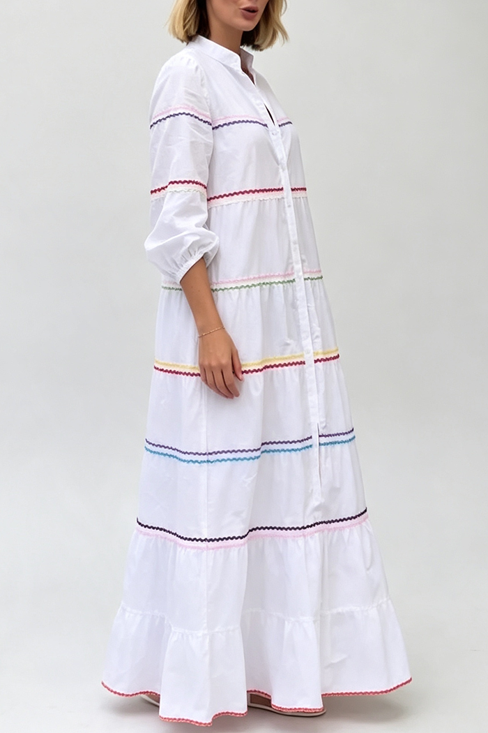 White Multicolor Trim Tiered Maxi Dress