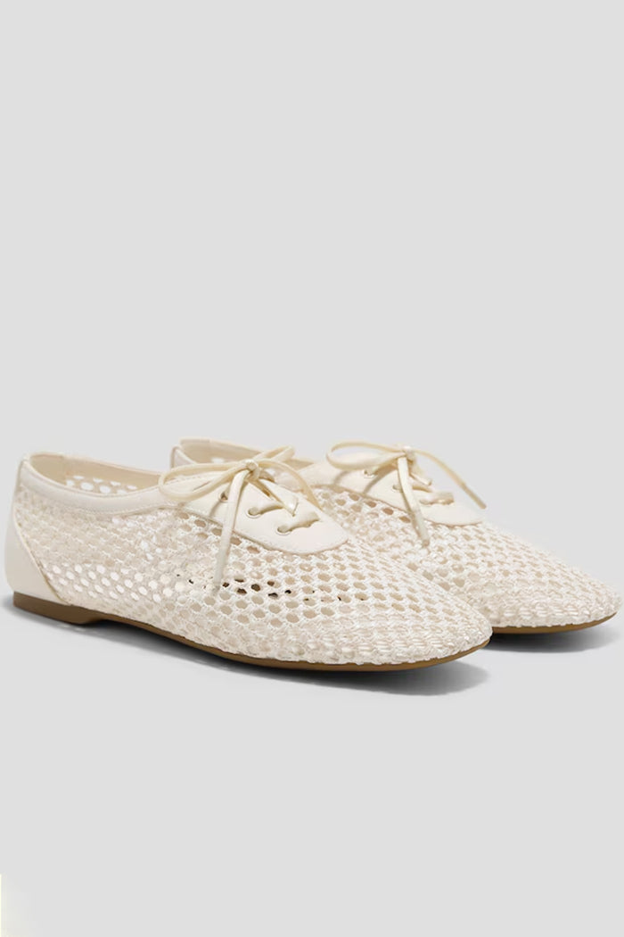 Square-Toe Lace-Up Mesh Flats