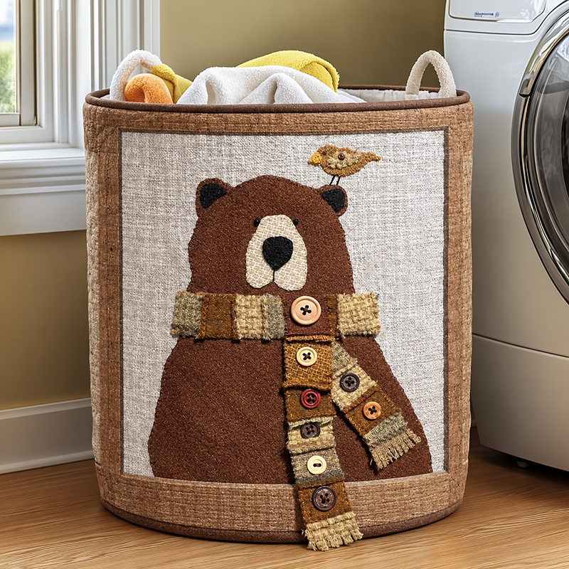 Rustic Button Bear Quilted Laundry Basket
