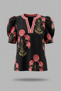 Floral Contrast Collar Puff Sleeve Top