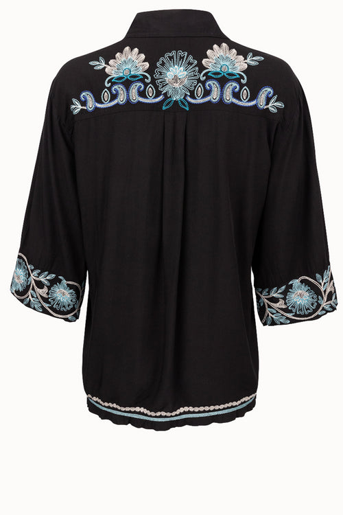 Schwarzes türkisfarbenes Kimono-Oberteil mit Blumenmuster