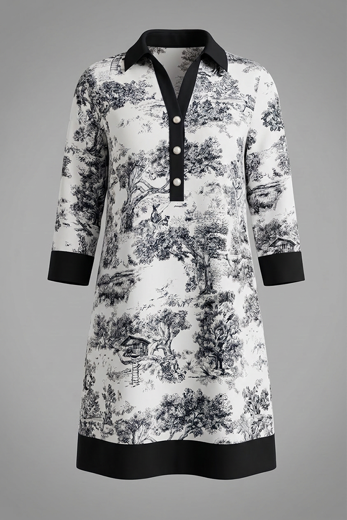 Toile 3/4 Sleeve Pockets Dress