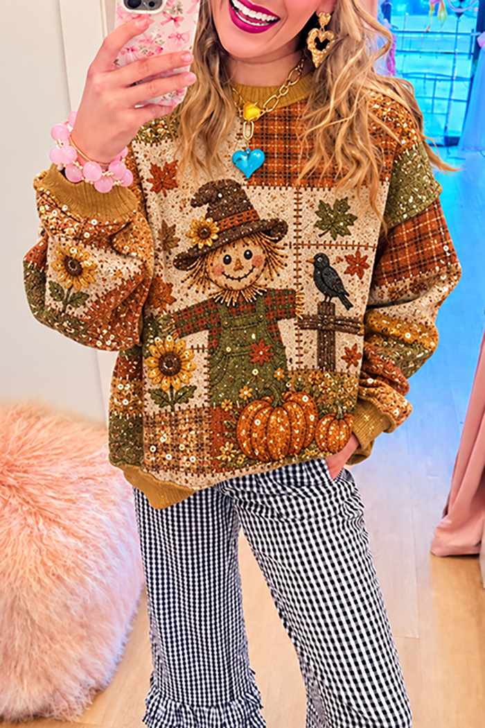 Patchwork Sequin Scarecrow Crewneck Sweatshirt