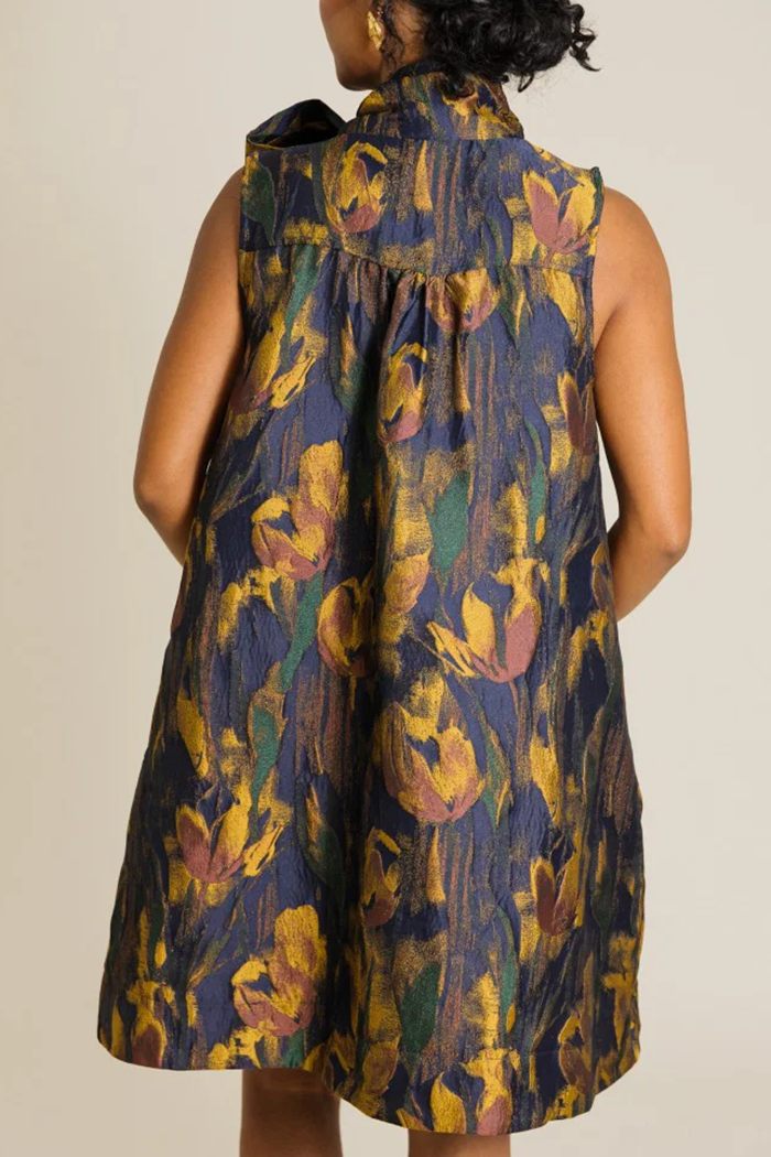 Tie‑Neck Bow Jacquard Sleeveless Side Pockets Shift Dress
