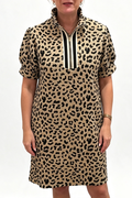 Stand Collar Half Zip Puff Short Sleeve Leopard Print Dress
