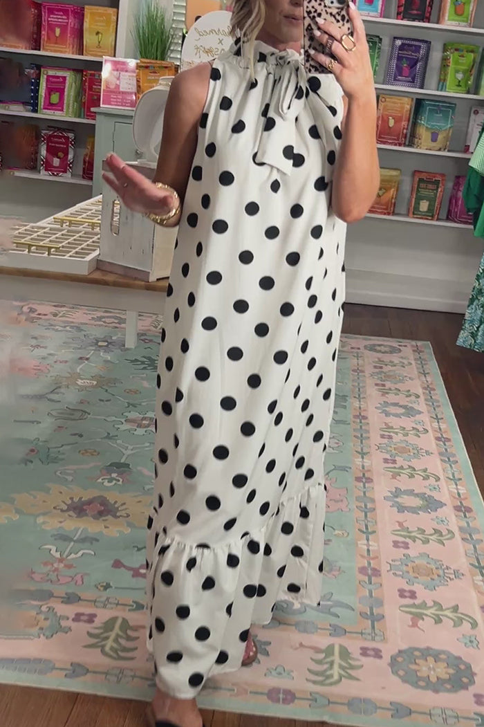 Tie Neck Polka Dot Ruffle Maxi Dress