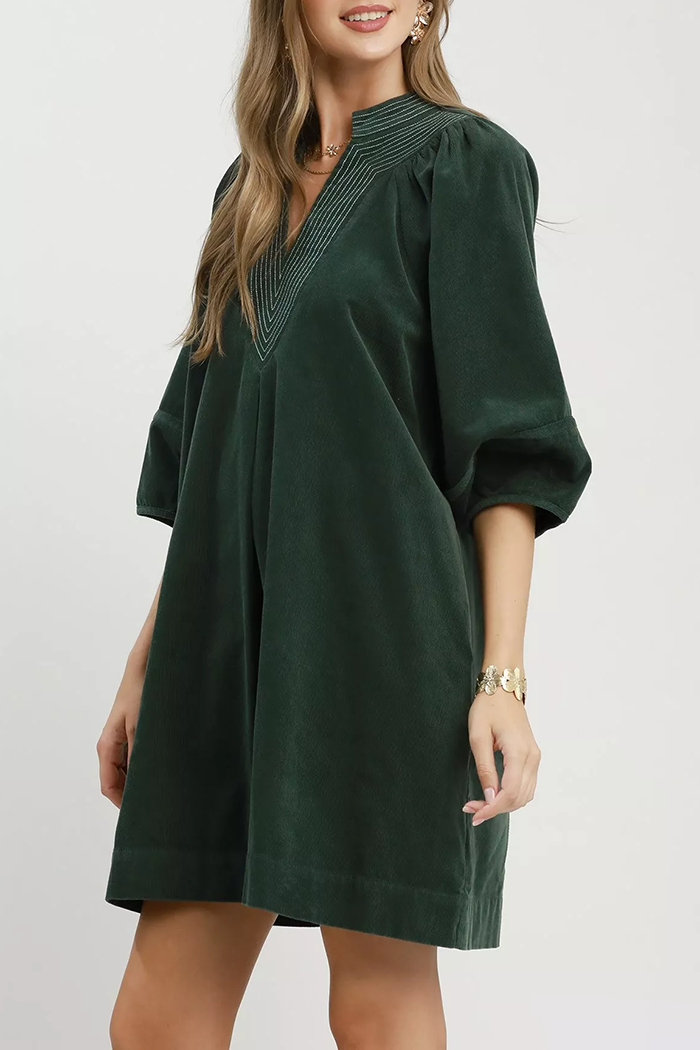 Contrast Stitch Corduroy 3/4 Sleeve Pocket Dress