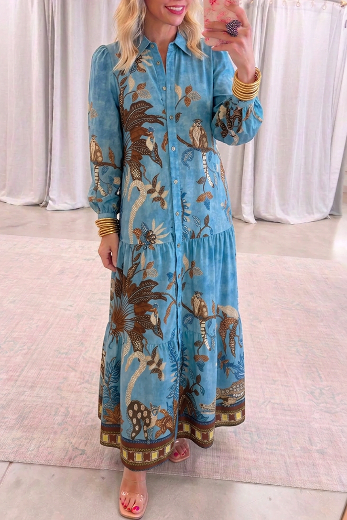 Blue Jungle Animal Print Tiered Maxi Dress