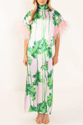 Botanical Print Feather Embellishment Dress