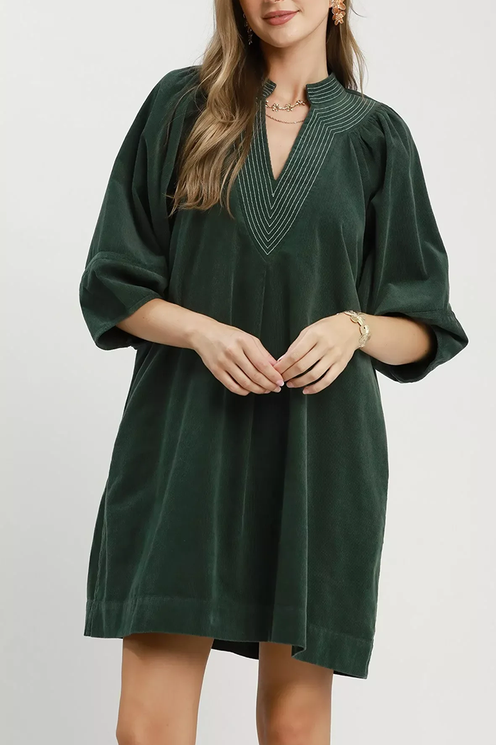 Contrast Stitch Corduroy 3/4 Sleeve Pocket Dress