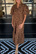 Brown Puff Short Sleeve Floral Dress