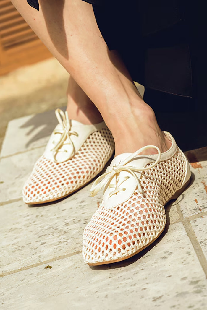 Square-Toe Lace-Up Mesh Flats