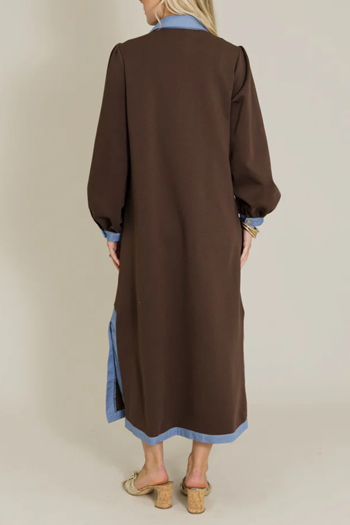 Contrast Trim Puff Sleeve Patch Pockets Side Slits Maxi Dress