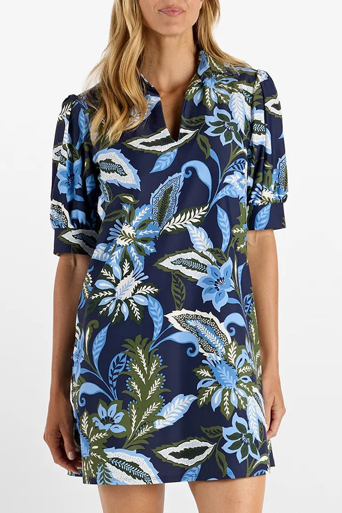 Floral Collared Puff Sleeve Pocket Dress