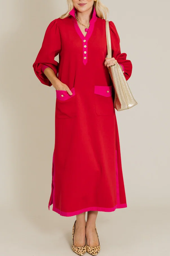 Contrast Trim Puff Sleeve Patch Pockets Side Slits Maxi Dress