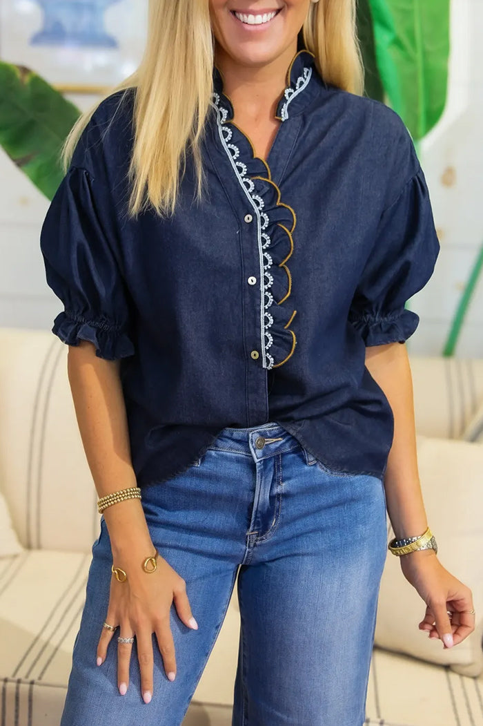 Scalloped Stand Collar Contrast Trim TOP