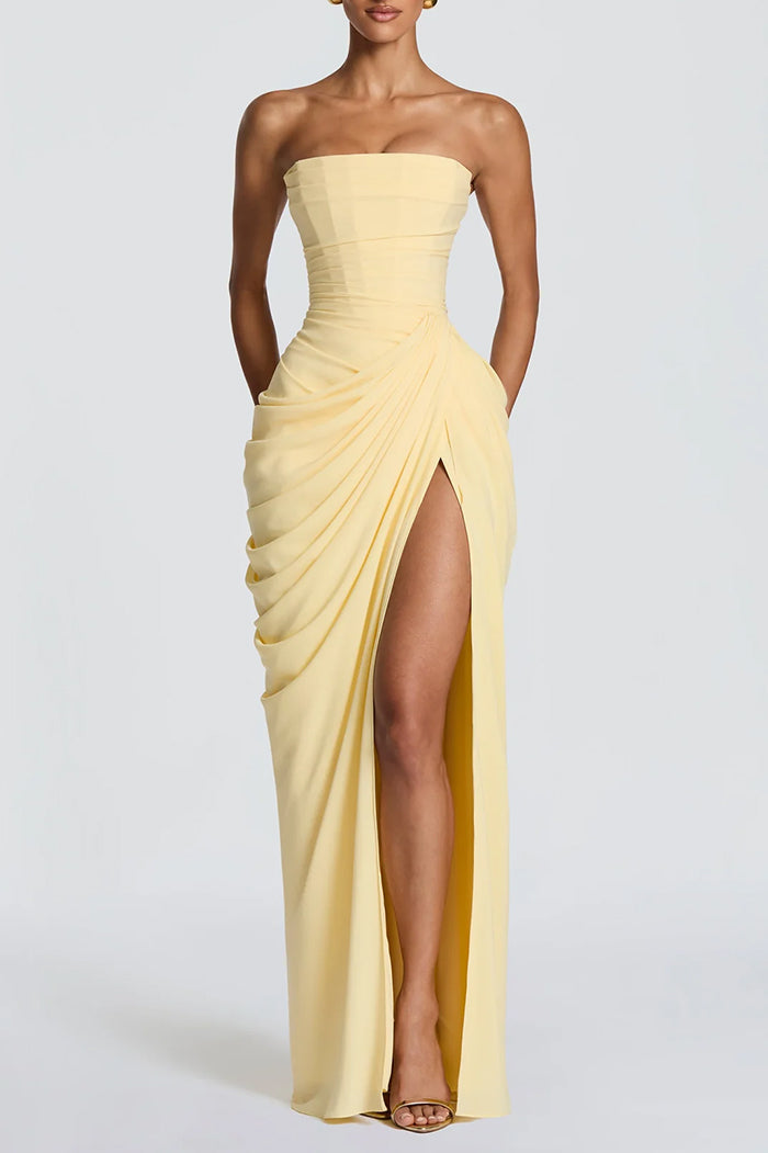 Strapless Ruched Corset Bodice High Slit Lace Up Back Chiffon Maxi Dress