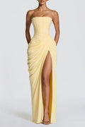 Strapless Ruched Corset Bodice High Slit Lace Up Back Chiffon Maxi Dress