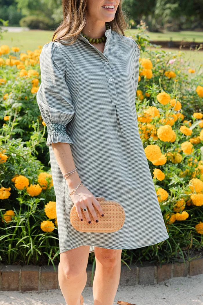 Green Gingham Seersucker Stand Collar A‑line Dress